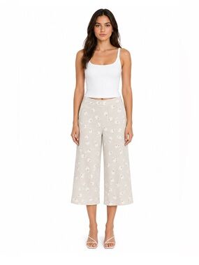 Zara Beige Floral Wide-Leg Pants with White & Red Print